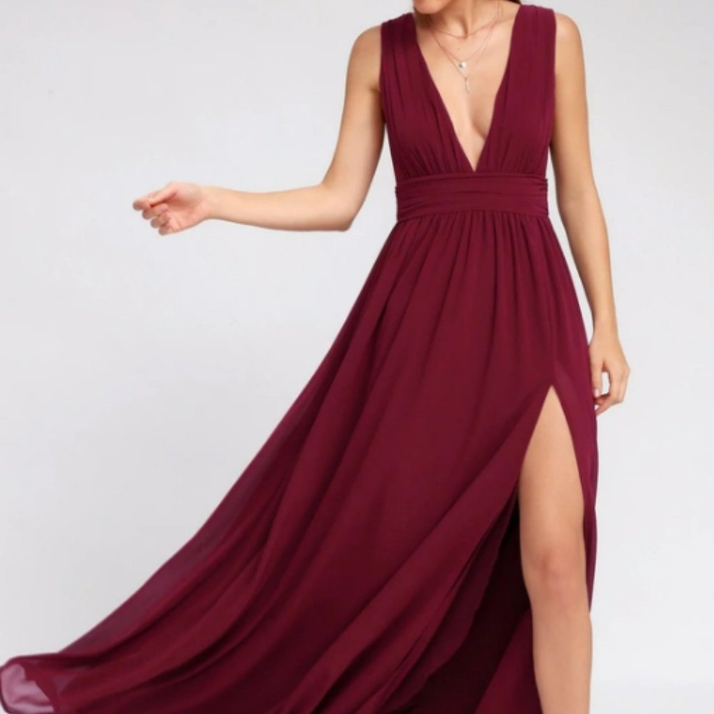 Lulu's Heavenly Hue's Burgundy Maxi Dress (Deep-V Evening Dress) size S